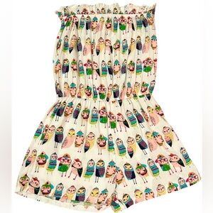 DODO Fun Owl Print Strapless Romper Cream Multicolor Cute Elastic Waist M/L NWOT